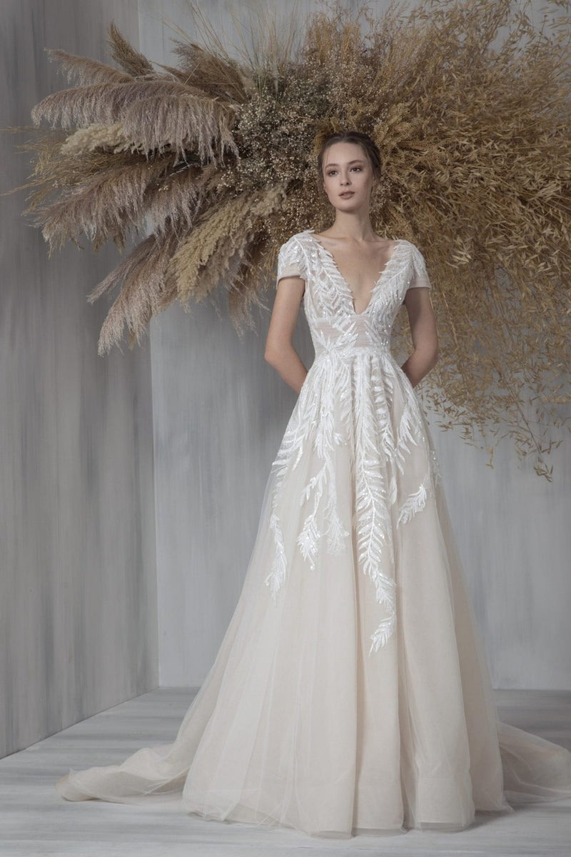 maxi dress embroidered A-line Tulle Pearl-Embroidered Tulle Wedding Dress & High Slit – Think  Bridal main image 0