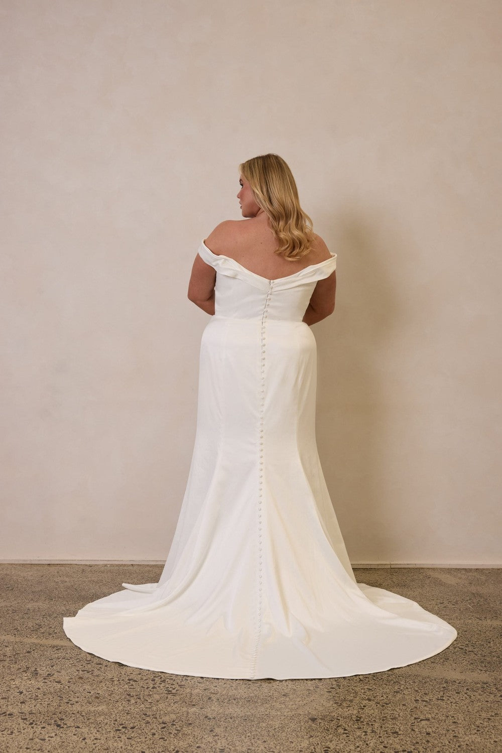 Satin Off-The-Shoulder Fit And Flare Wedding Dress by Trish Peng — image 2 of 2