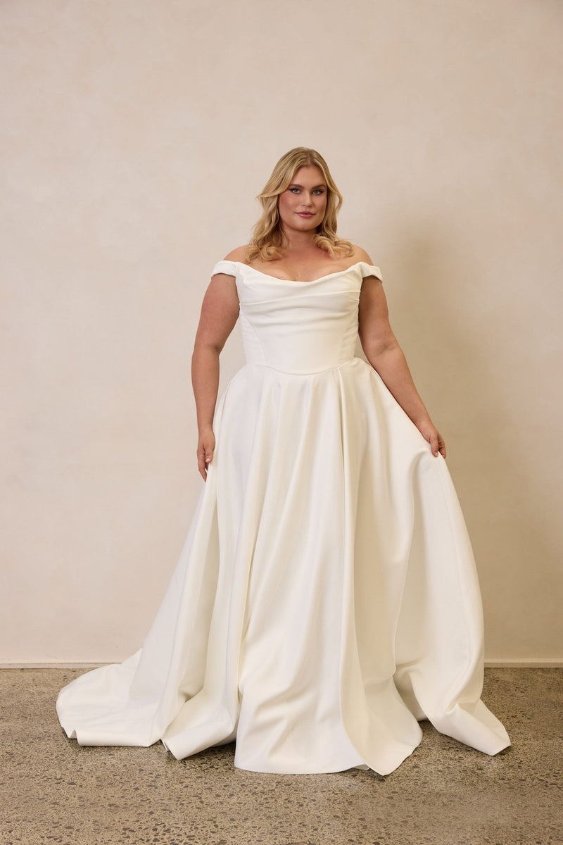 matte satin sculpted bodice a line wedding dress MARION Strapless A-line Satin Gown