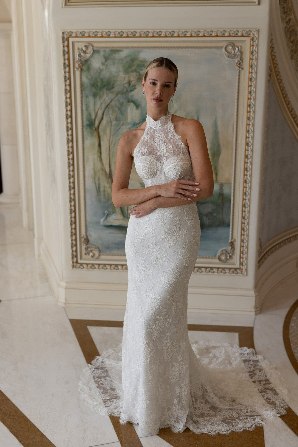 Chic And Romantic Halter-Neck Lace Fit-And-Flare Wedding Dress by Verdin Bridal — image 1 of 3