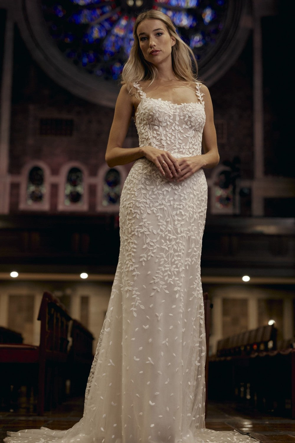 Chic And Ethereal Leaf-Embroidered Sheath Wedding Dress by Verdin Bridal — image 1 of 3