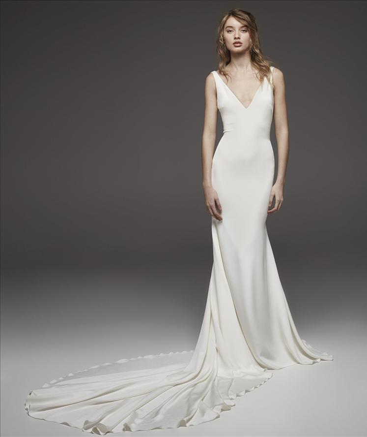 Sleeveless V neck Simple Silk Sheath Wedding Dress Kleinfeld Bridal