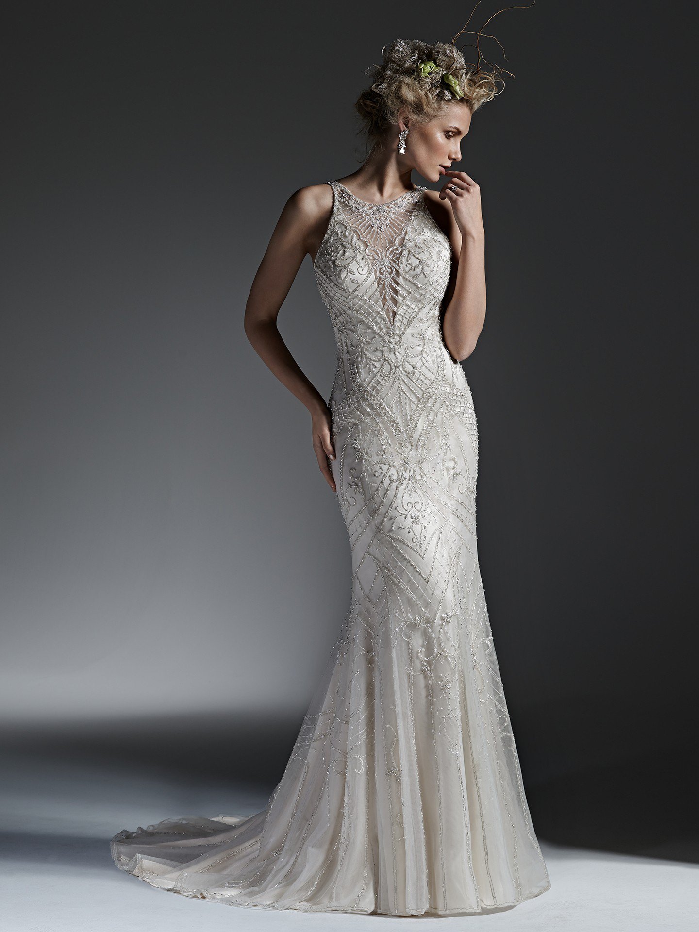 High Neckline Fully Beaded Sheath Wedding Dress Kleinfeld Bridal 8511