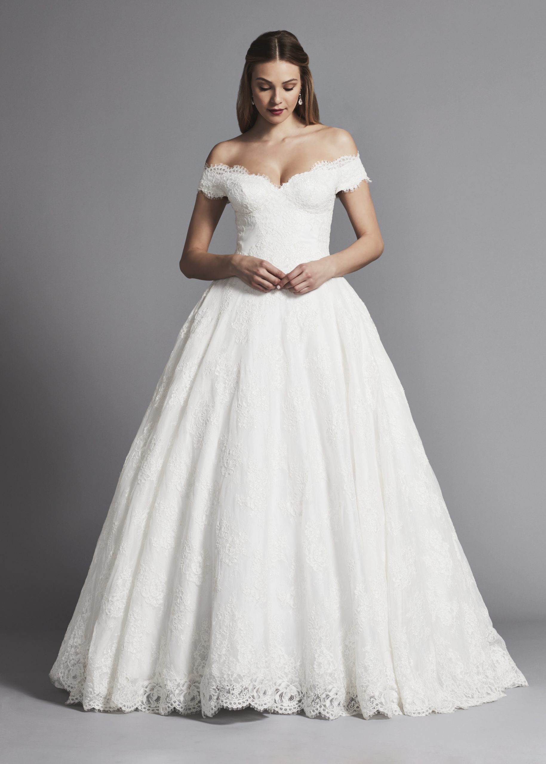 Off Shoulder Short Sleeves Lace Ball Gown Wedding Dress Vq