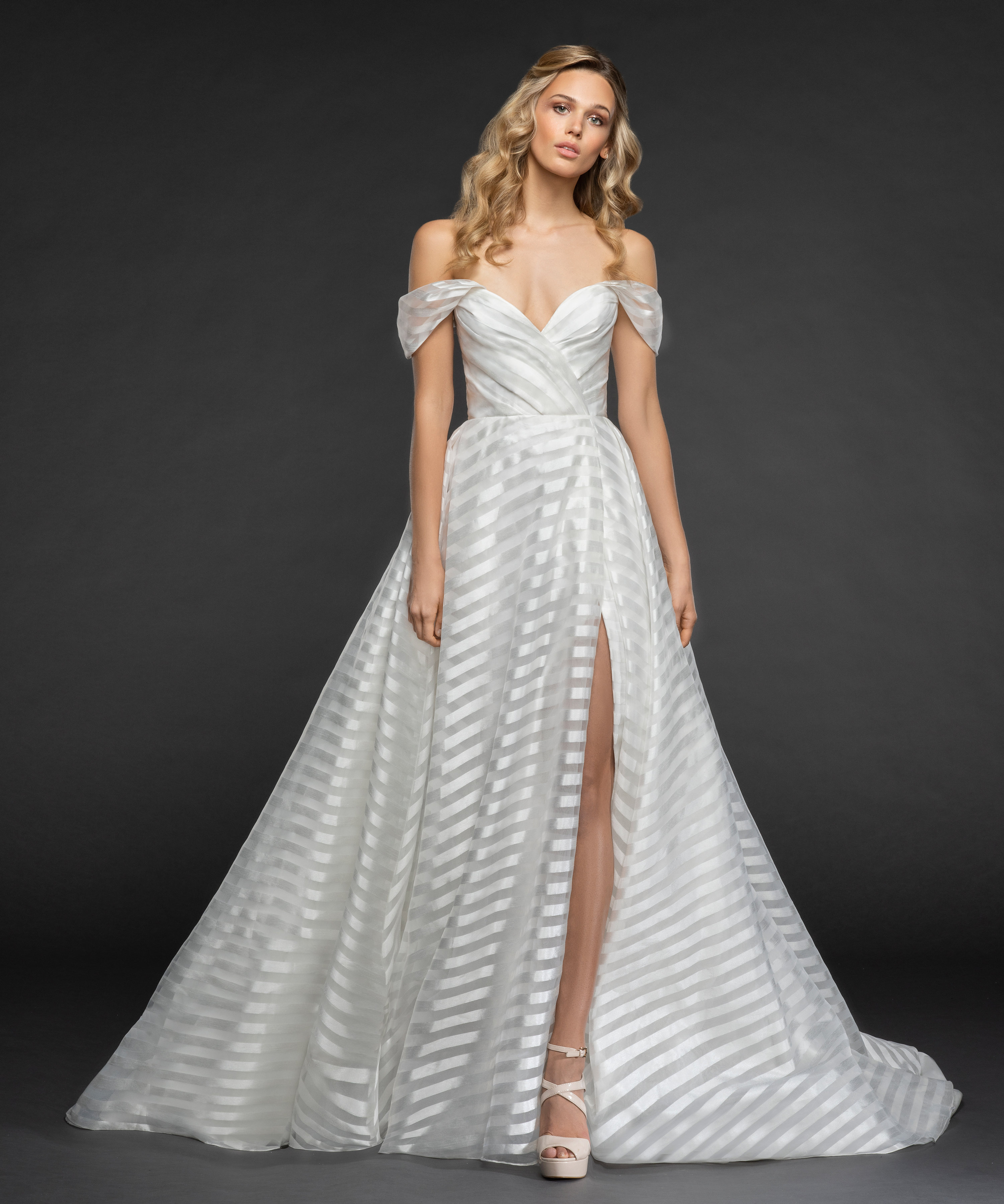 Striped Organza Off The Shoulder Ball Gown Wedding Dress 