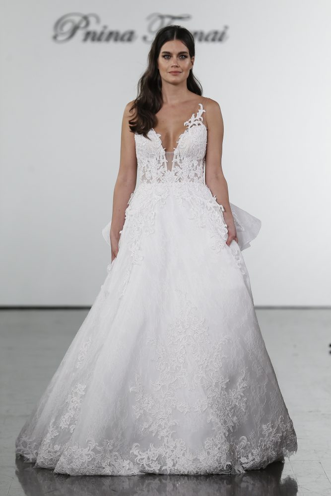 embroidered illusion plunge ball gown