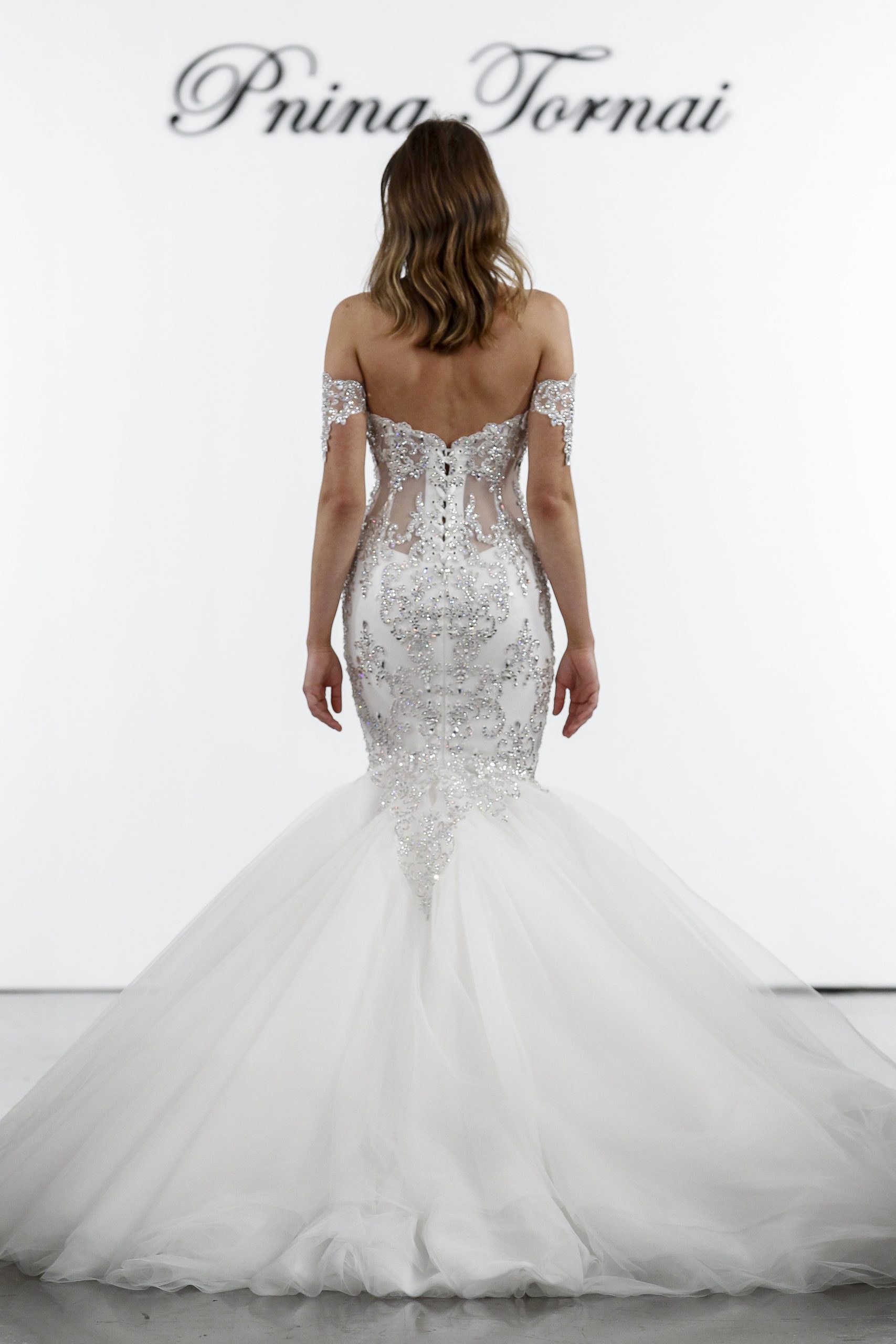 Crystal Embellished Mermaid Tulle Skirt Wedding Dress by Pnina Tornai - Image 2