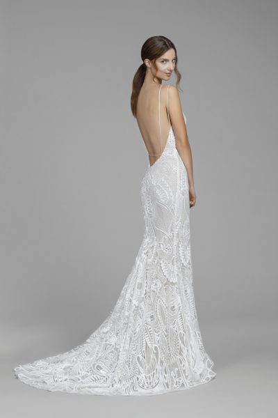 Lace sheath wedding dress open back front plunge wear