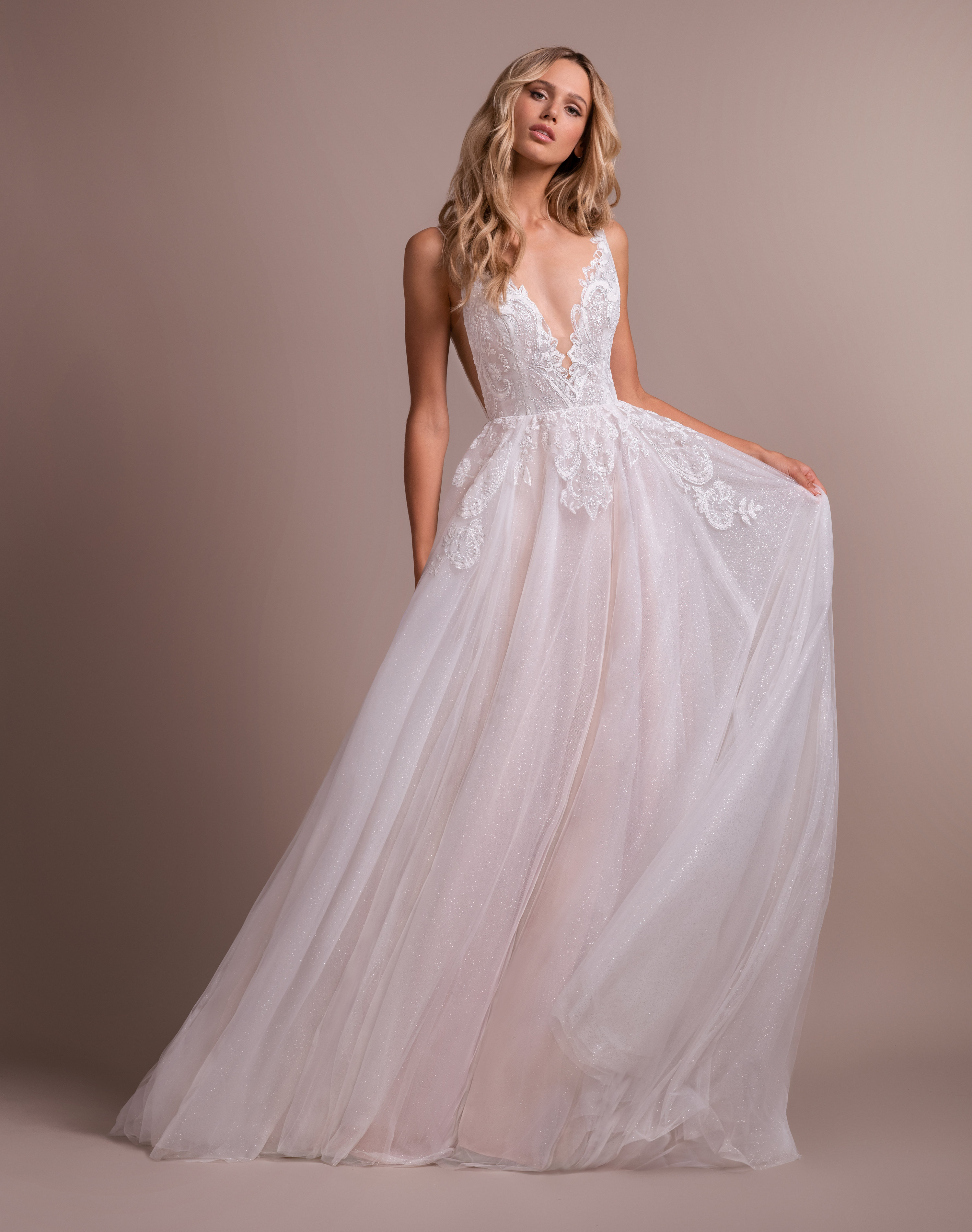 Deep V-neck Lace Detailed Bodice A-line Wedding Dress | Kleinfeld Bridal