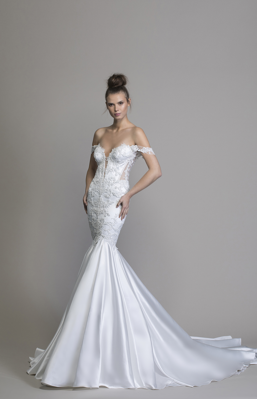 Off The Shoulder Satin Mermaid Wedding Dress | Kleinfeld ...