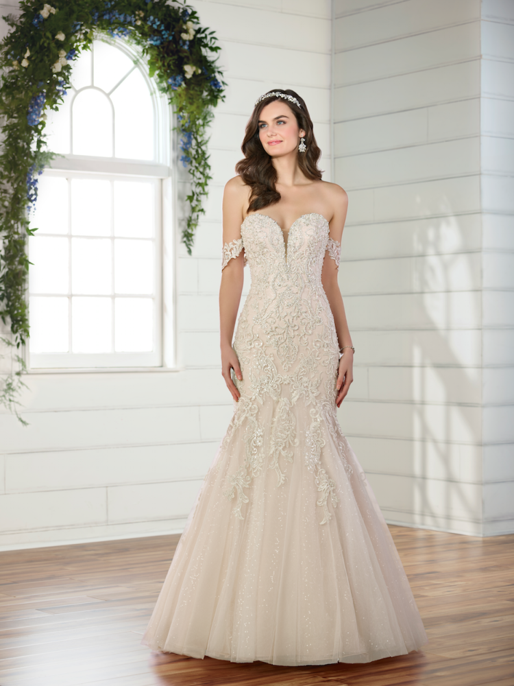 fit and flare wedding dress off the shoulder