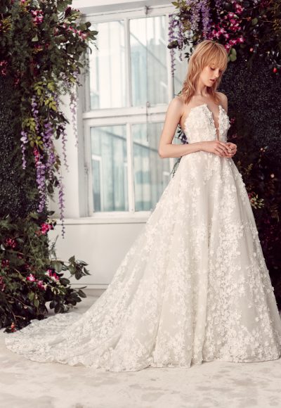 Floral Lace Embroidered Strapless Ball Gown Wedding Dress With Plunging V-neckline by Rivini