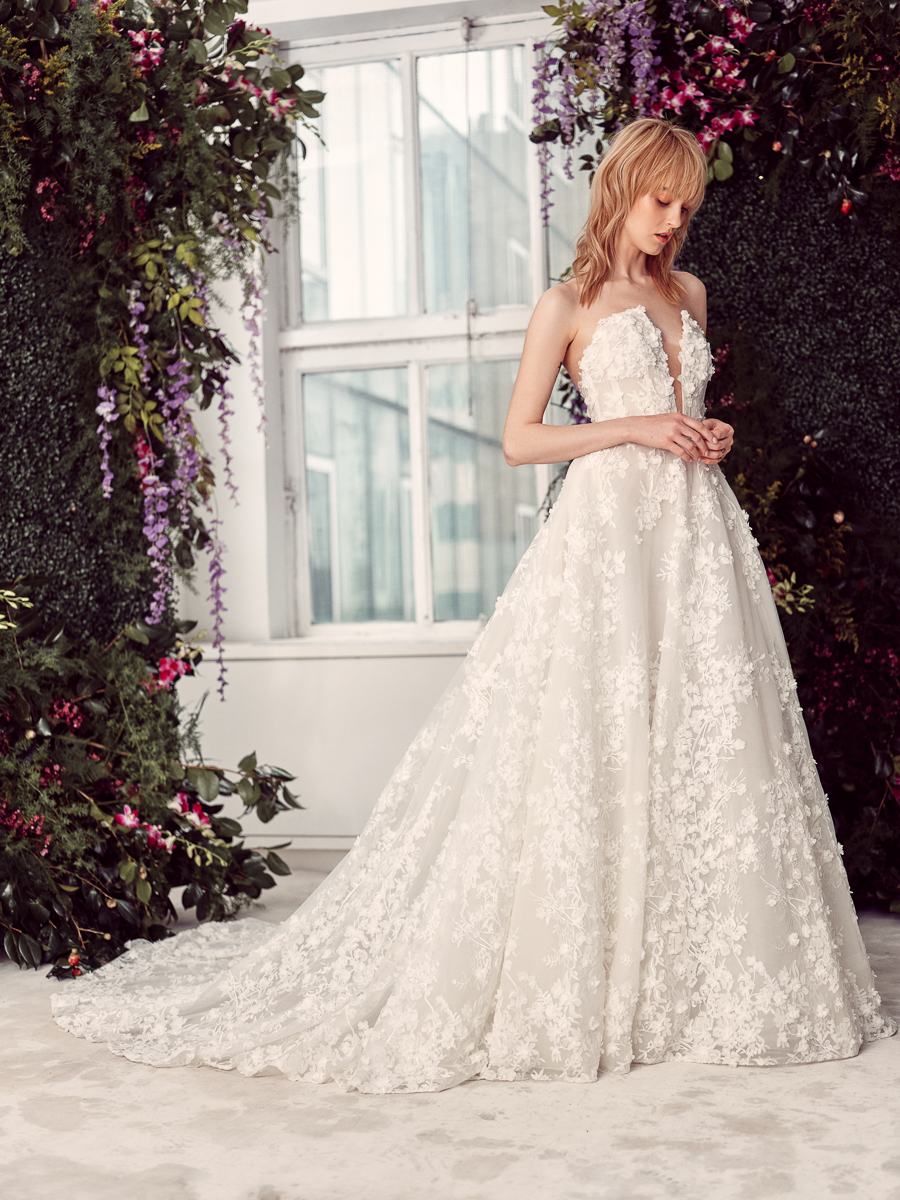 Floral Lace Embroidered Strapless Ball Gown Wedding Dress With