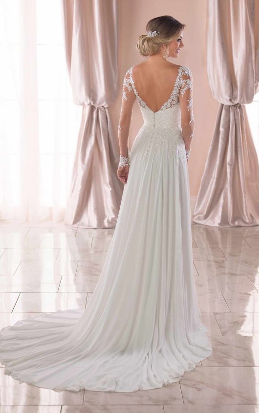 crepe long sleeve wedding dress with beaded illusion back