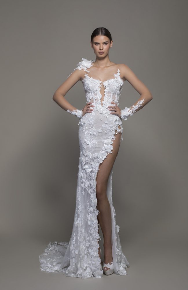 Illusion Long Sleeve Floral Lace Sheath Wedding Dress With Slit 1848