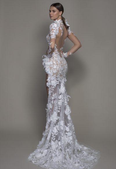 Long Sleeved High Neck Illusion Lace Sheath Wedding Dress With Slit by Pnina Tornai - Image 2