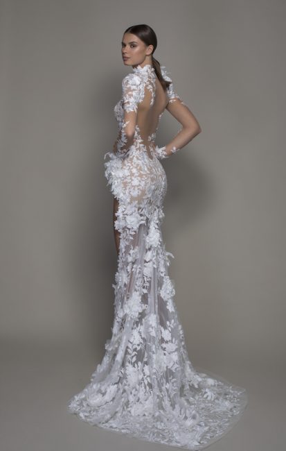 Long Sleeved High Neck Illusion Lace Sheath Wedding Dress With Slit Kleinfeld Bridal 