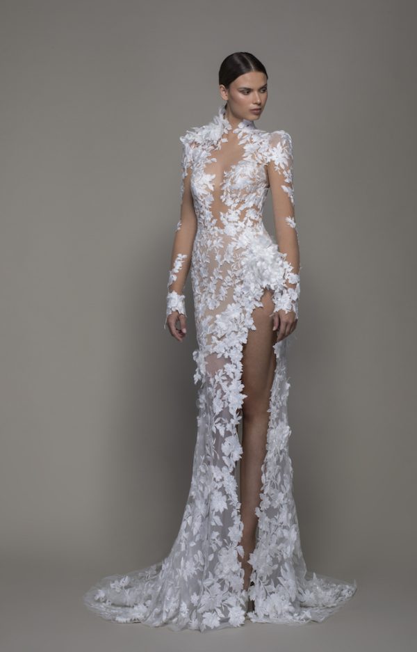 Long Sleeved High Neck Illusion Lace Sheath Wedding Dress With Slit by Pnina Tornai - Image 1