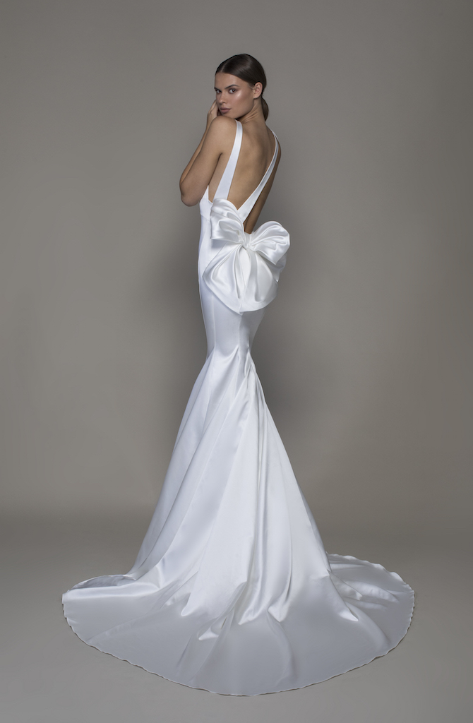 Sleeveless V-neckline Satin Sheath Wedding Dress With Asymmetrical Back by Pnina Tornai - Image 2