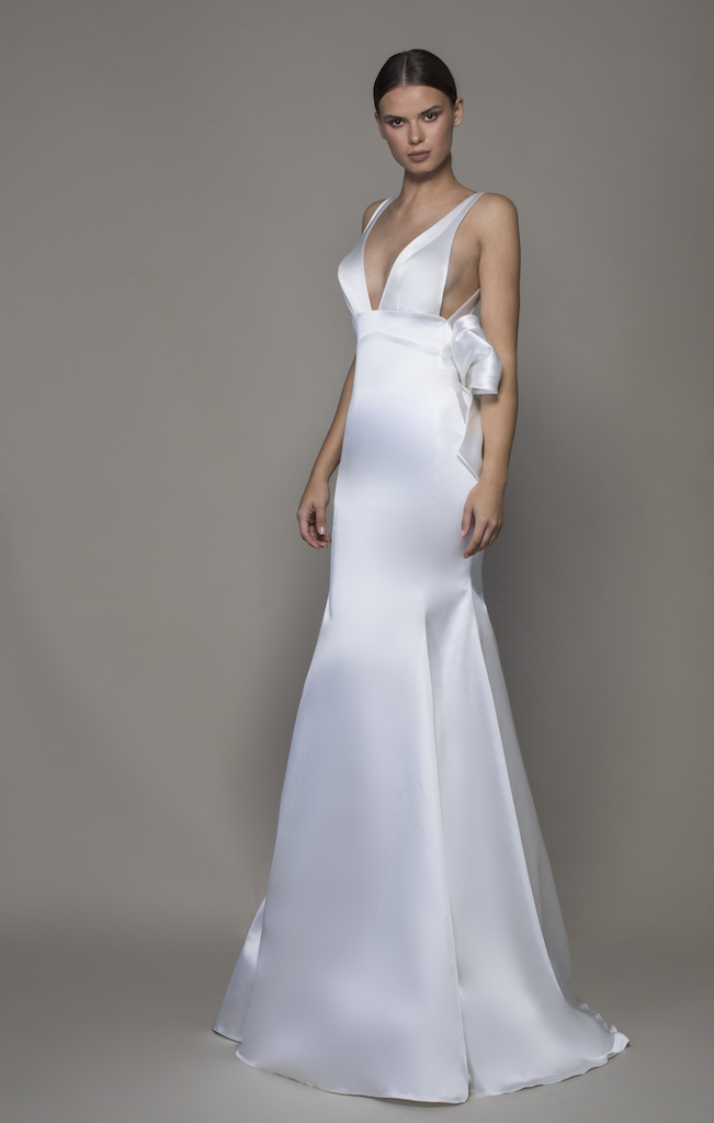 Sleeveless V neckline Satin Sheath Wedding Dress With Asymmetrical Back Kleinfeld Bridal