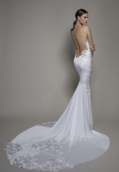 Spaghetti Strap Crepe Sheath Wedding Dress With Floral Applique And Cowl Neck by Pnina Tornai - Image 2