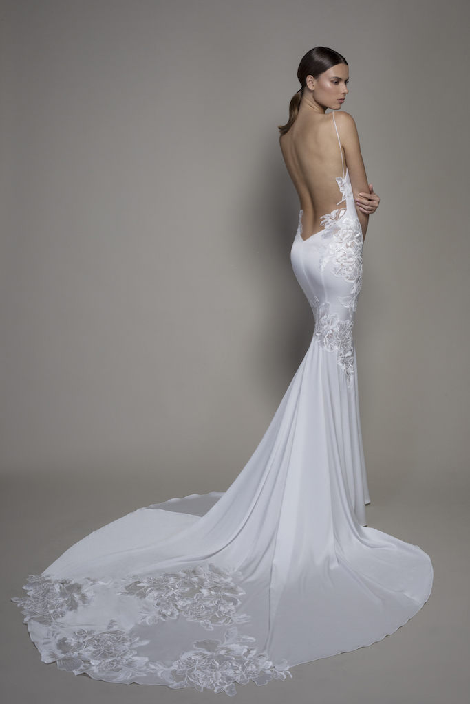 Spaghetti Strap Crepe Sheath Wedding Dress With Floral Applique And Cowl Neck Kleinfeld Bridal 