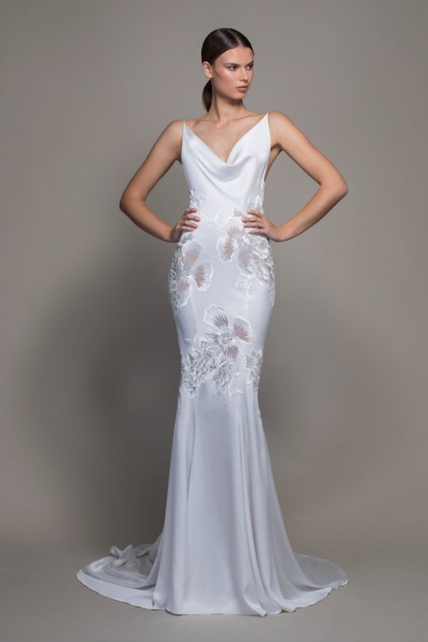 Spaghetti Strap Crepe Sheath Wedding Dress With Floral Applique And Cowl Neck by Pnina Tornai - Image 1