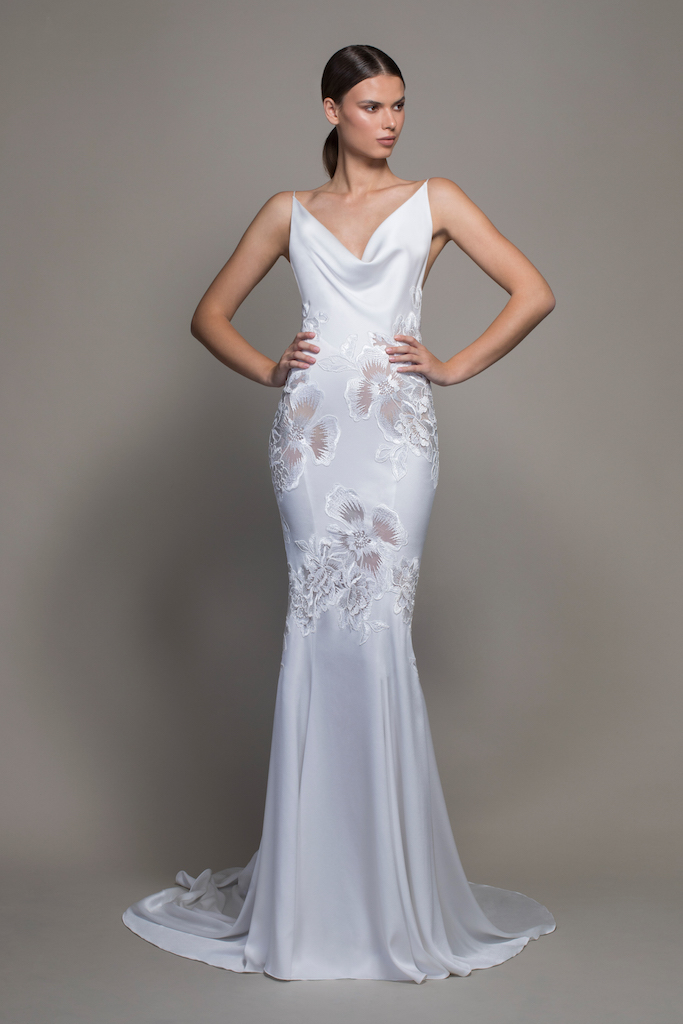 Spaghetti Strap Crepe Sheath Wedding Dress With Floral Applique And Cowl Neck Kleinfeld Bridal 1188