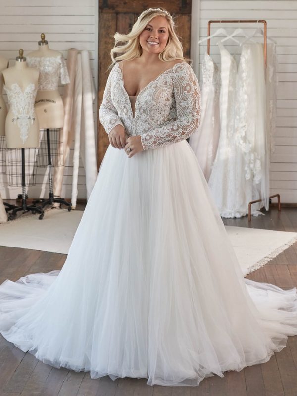 Long Sleeve V-neckline Lace Ball Gown Wedding Dress