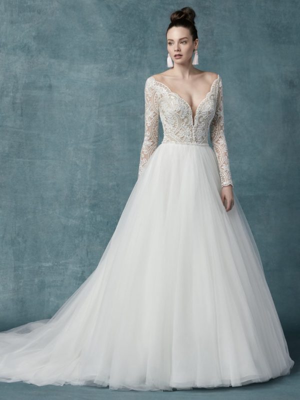 Long Sleeve V-neckline Lace Ball Gown 