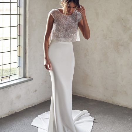 Cap Sleeve Illusion Neckline Two Piece Sheath Wedding Dress With Beaded Top Kleinfeld Bridal