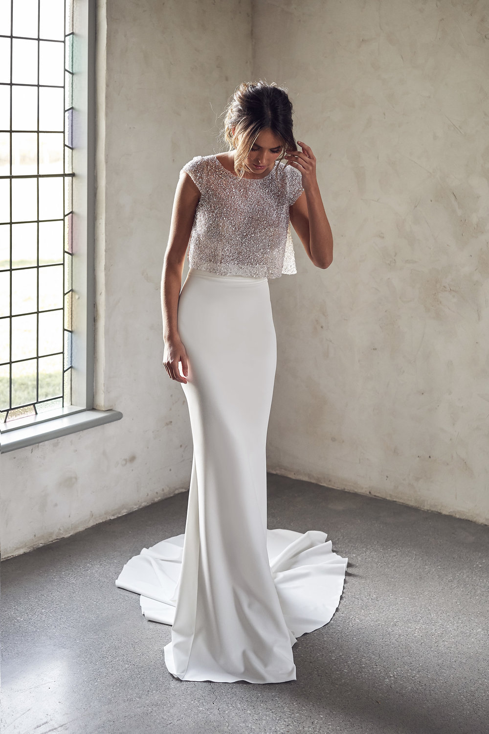 Cap Sleeve Illusion Neckline Two Piece Sheath Wedding Dress With Beaded Top Kleinfeld Bridal