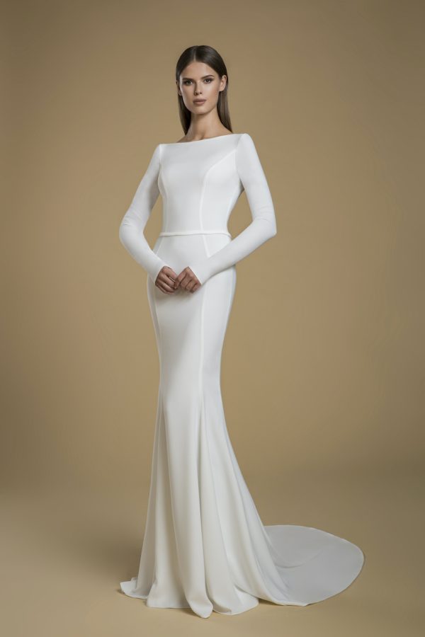 Long Sleeve Crepe Sheath Wedding Dress by Love by Pnina Tornai - Image 1