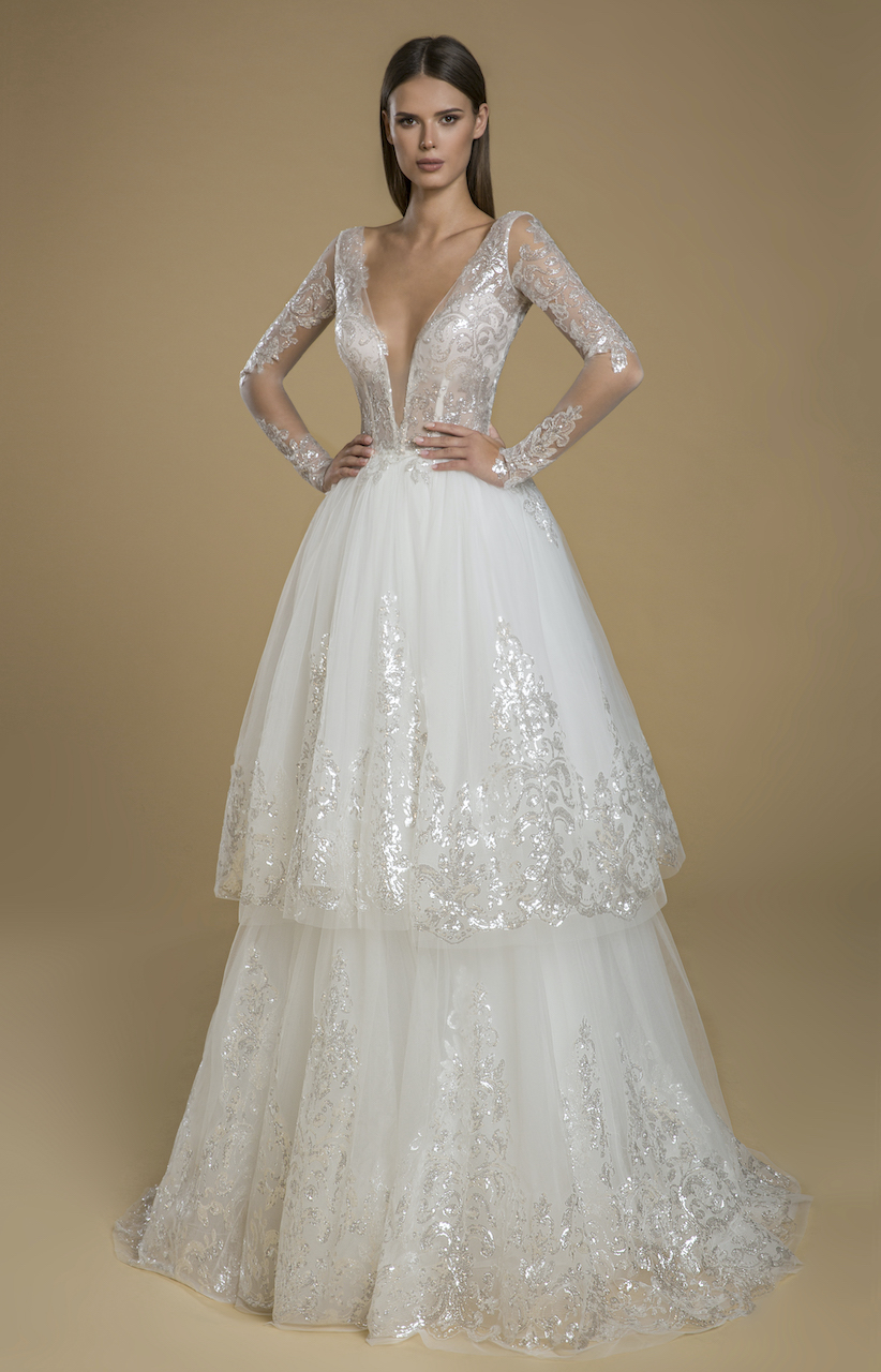 long sleeve lace wedding dress with satin skirt