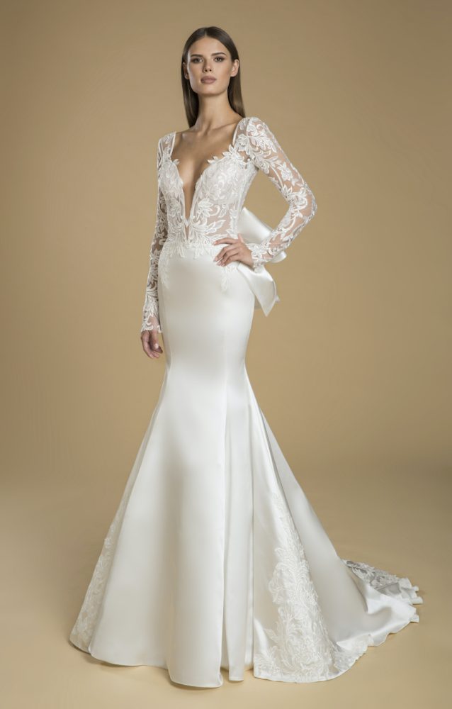 long sleeve lace wedding dress with satin skirt