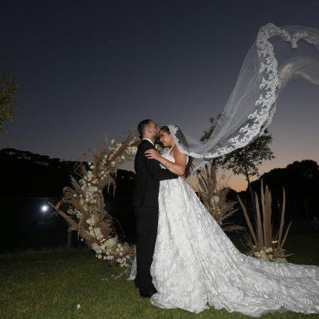 Delicate Lace Fit-and-Flare Gown With Sheer Corset