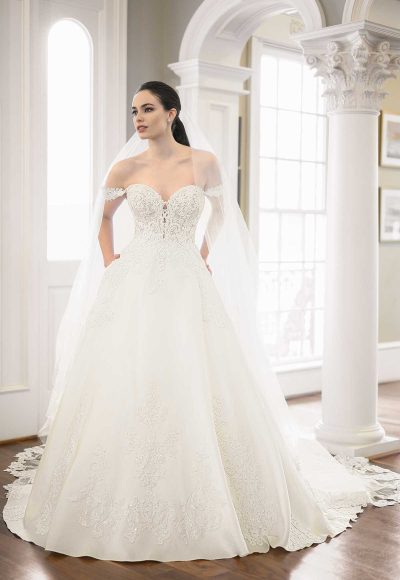 Off-the-shoulder Pearl Beaded Ball Gown Wedding Dress by Martina Liana Luxe