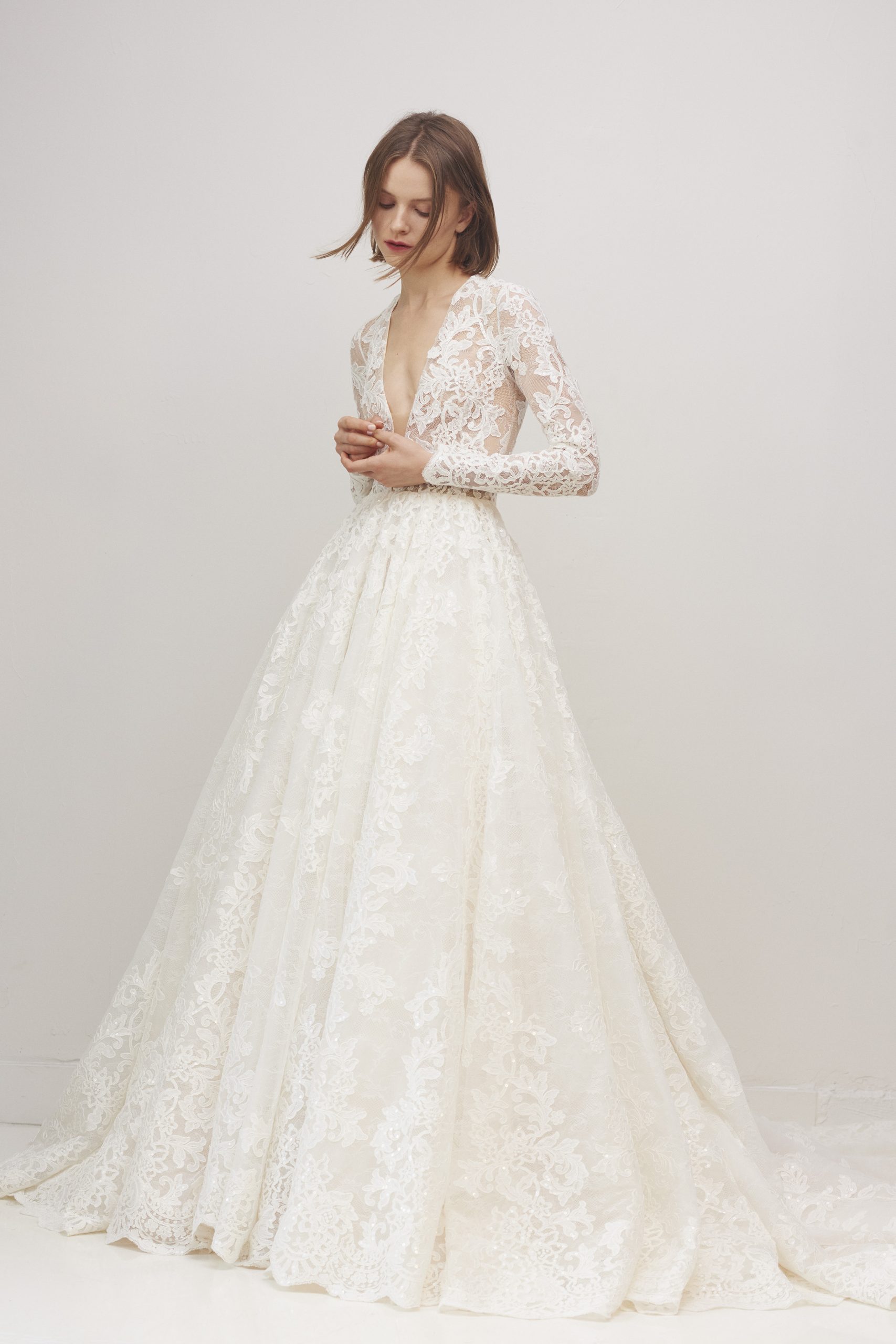 lace long sleeve ball gown
