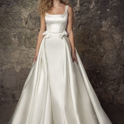 Sleeveless Satin Square Neck Mermaid Wedding Dress With Pearl Belt And ...