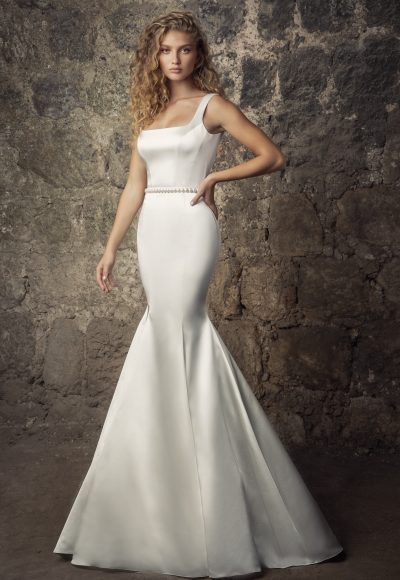 Sleeveless Satin Square Neck Mermaid Wedding Dress With Pearl Belt And Overskirt by Pnina Tornai - Image 2