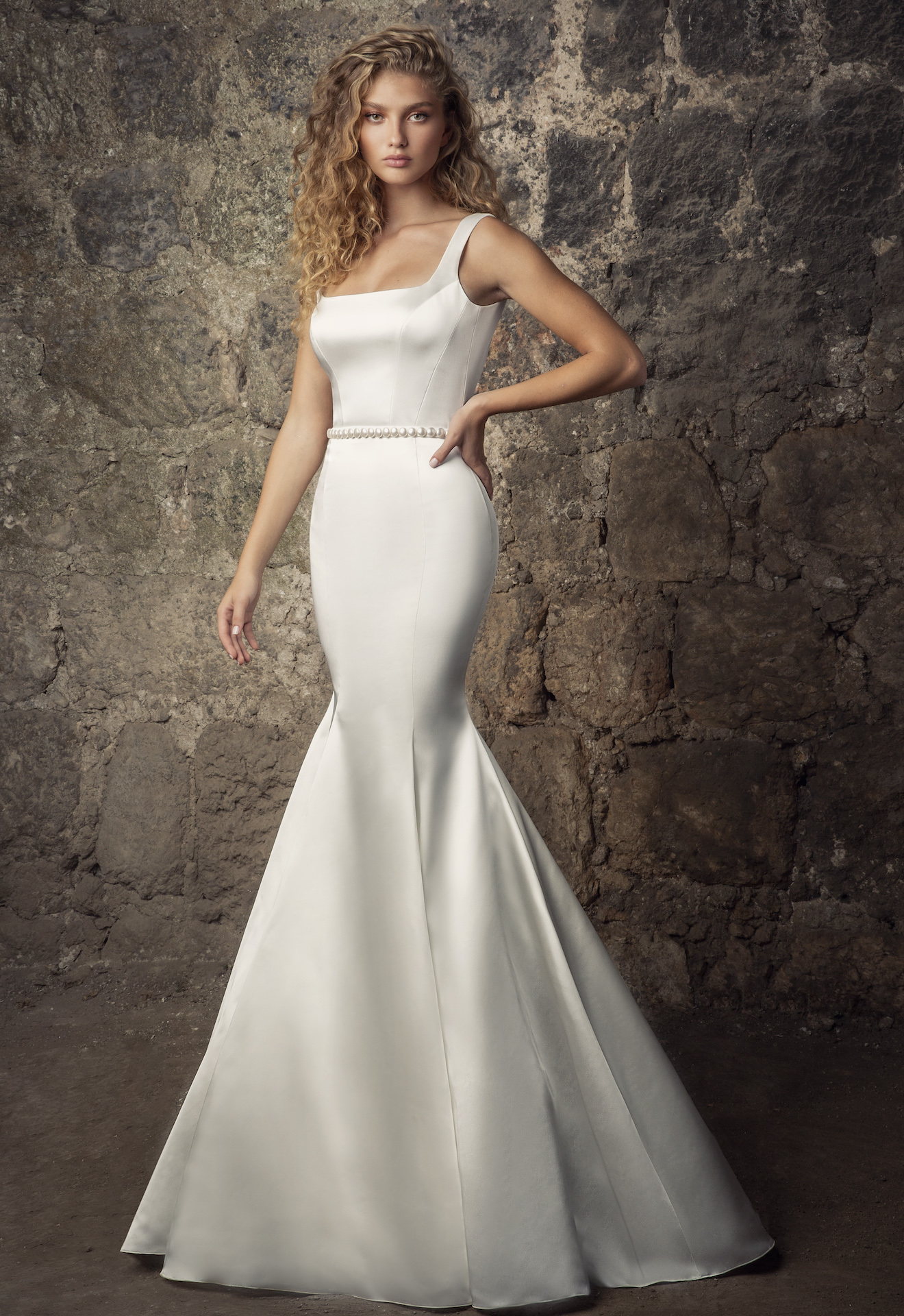 Sleeveless Satin Square Neck Mermaid Wedding Dress With Pearl Belt And Overskirt Kleinfeld Bridal