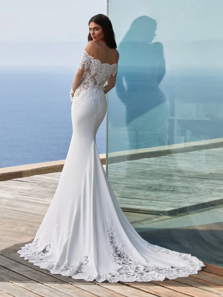 Long-sleeved Mermaid Wedding Dress In Crepe With Wraparound Neckline ...