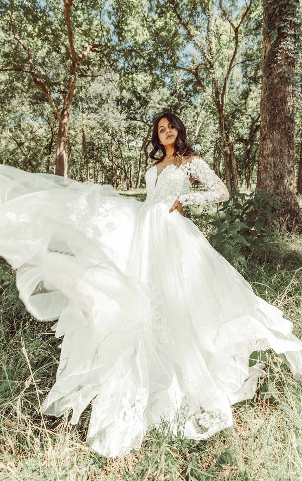 Off The Shoulder Lace Ballgown Wedding Dress With Tiered Skirt