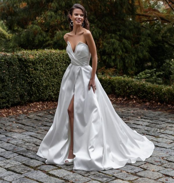 Long Sleeve Mikado Ball Gown Wedding Dress With Dropped Waist And Deep V-neckline