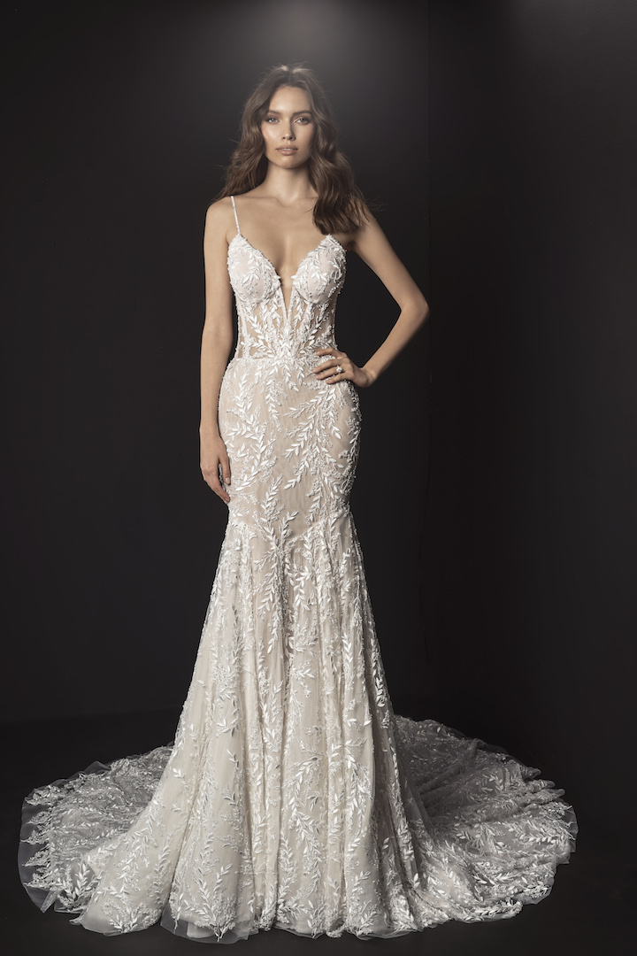 Spaghetti Strap Deep V Illusion Neckline And Sheer Bodice Fit And Flare Wedding Dress With 5190