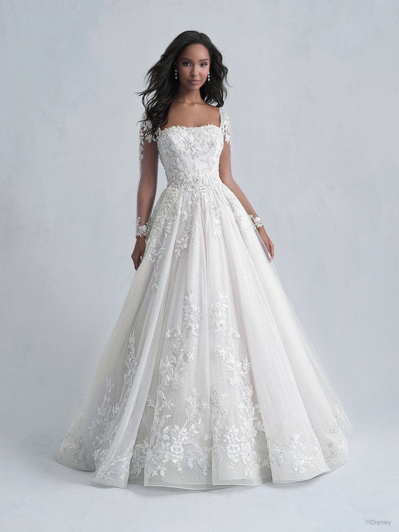Long Sleeve Ball Gown Wedding Dress with Embellished Illusion Sleeves and  Tulle Skirt