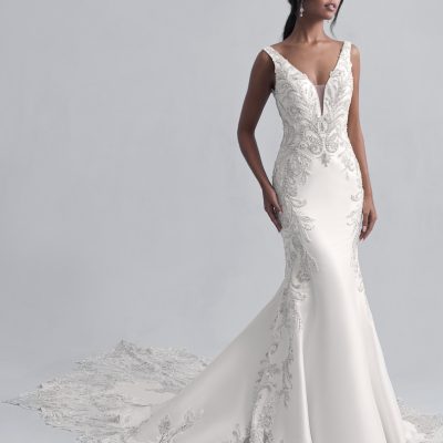 Sleeveless V-Neckline Fit and Flare Wedding Dress with Beadwork ...