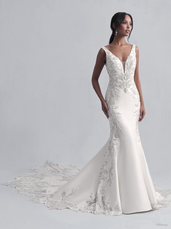 Sleeveless V-Neckline Fit and Flare Wedding Dress with Beadwork Throughout