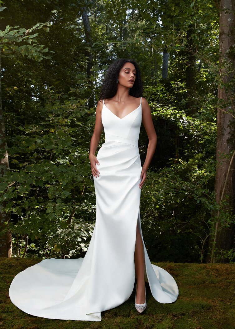 Spaghetti Strap V neckline Sheath Wedding Dress With Slit Kleinfeld Bridal