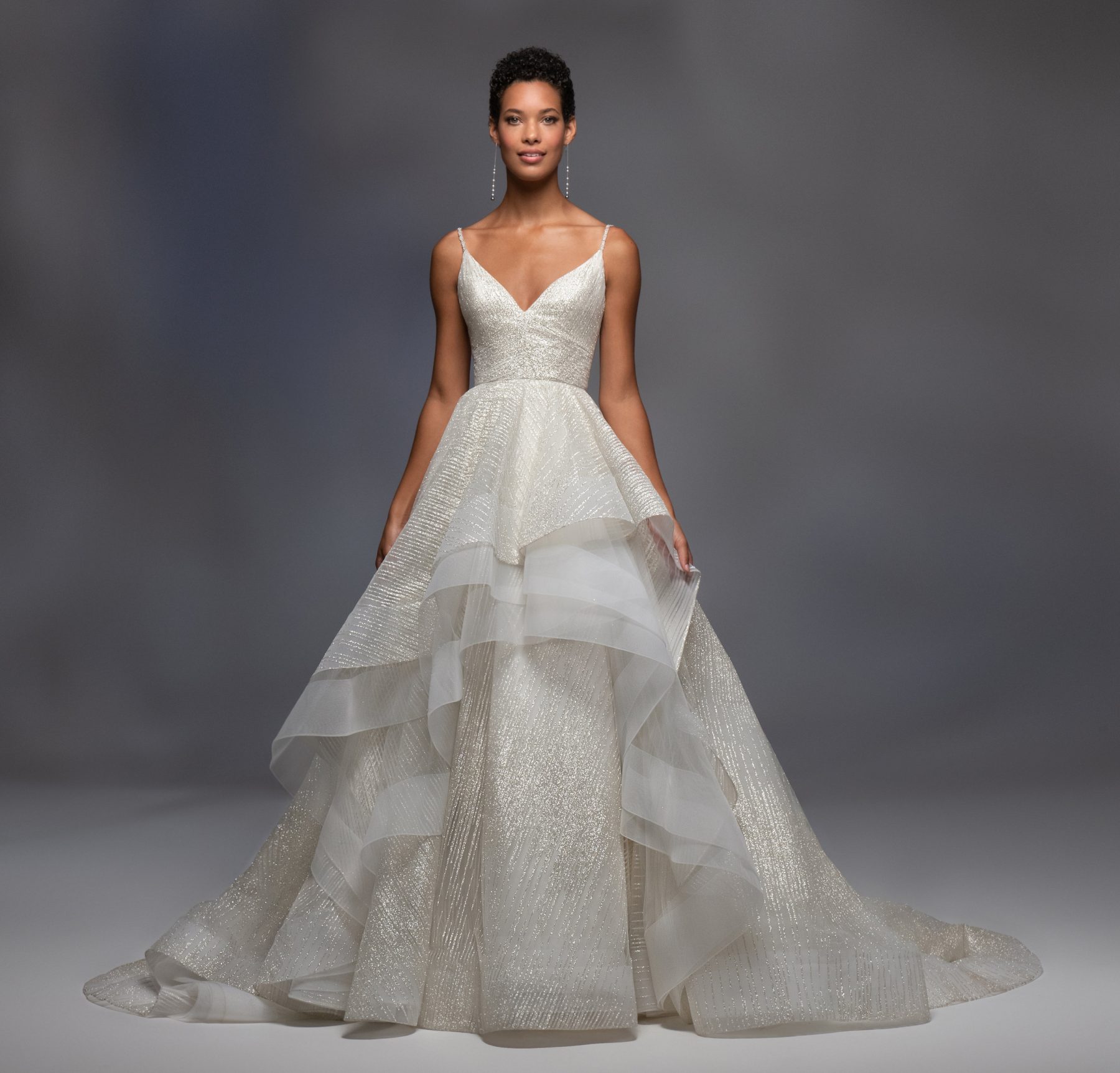 Spaghetti Strap V-neckline Sparkle Layered Tulle Skirt Ball Gown